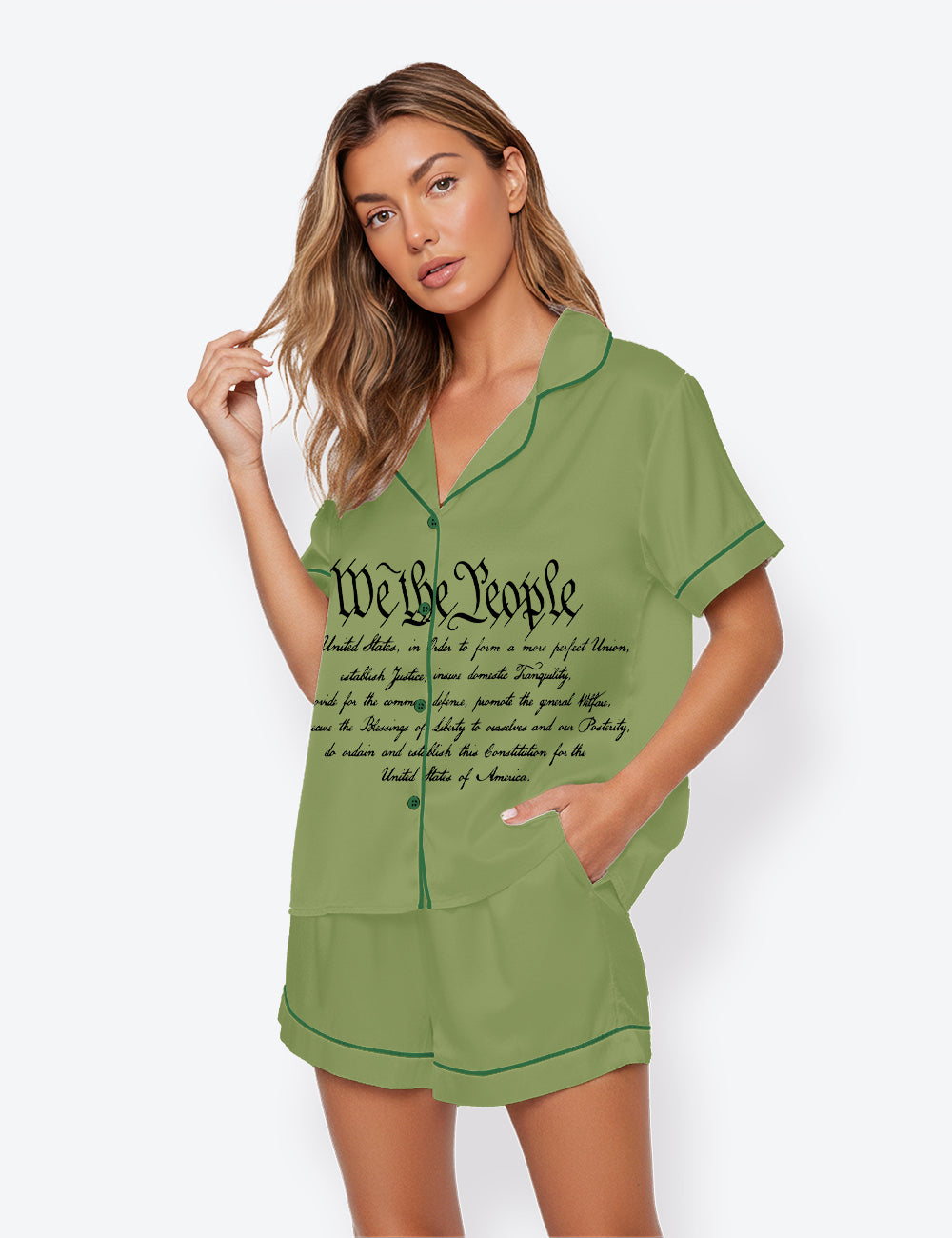 Women’s USA 4th Of July 250th Anniversary We The People 1776 American Short Sleeve Satin Pajama Set