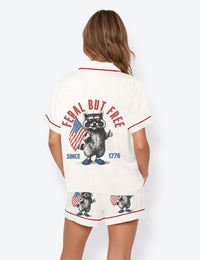 Women’s USA 4th Of July 250th Anniversary Feral But Free Raccoon Short Sleeve Satin Pajama Set