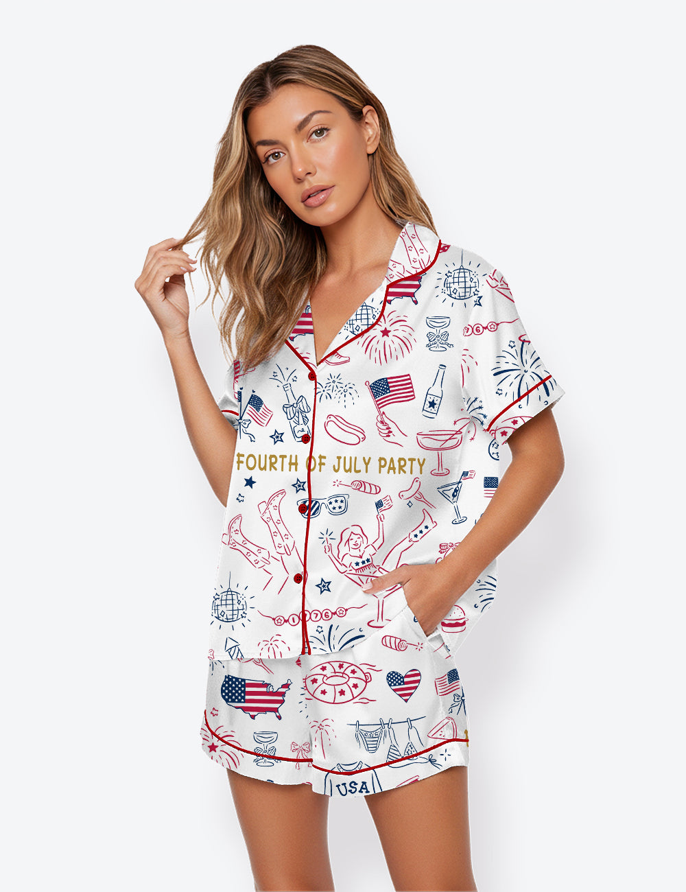 Women’s USA Coquette 4th Of July American Patriotic 250th Anniversary Short Sleeve Satin Pajama Set