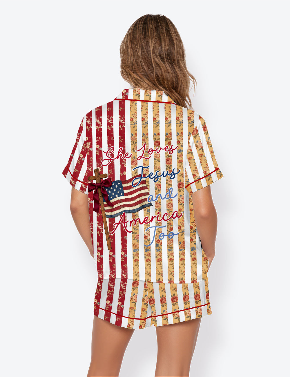 Women’s Floral Stripes She Loves Jesus And America Too Faith 250th Anniversary Short Sleeve Satin Pajama Set