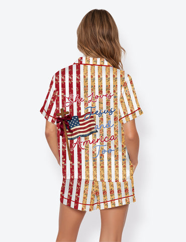 Women’s Floral Stripes She Loves Jesus And America Too Faith 250th Anniversary Short Sleeve Satin Pajama Set