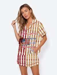 Women’s Floral Stripes She Loves Jesus And America Too Faith 250th Anniversary Short Sleeve Satin Pajama Set