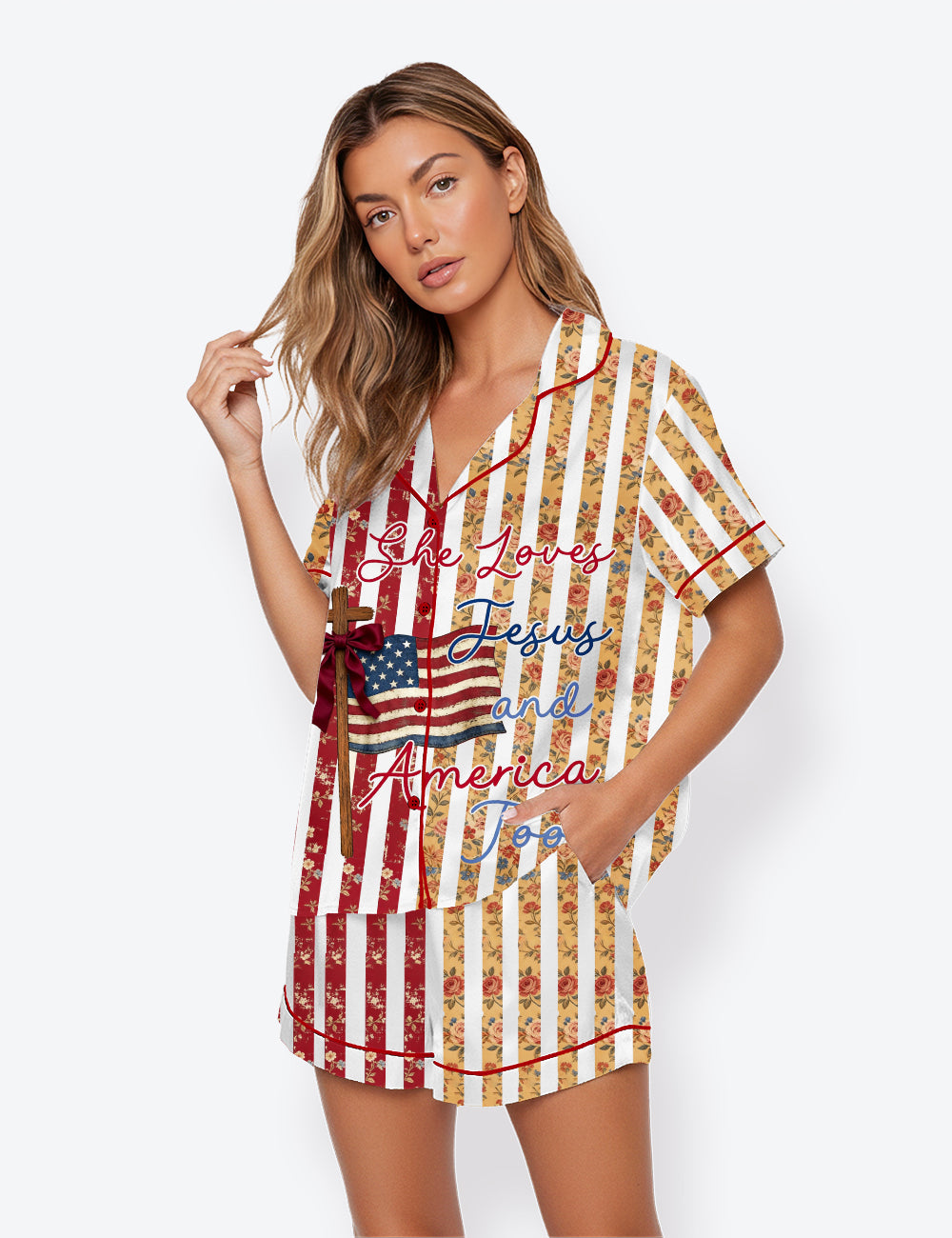 Women’s Floral Stripes She Loves Jesus And America Too Faith 250th Anniversary Short Sleeve Satin Pajama Set