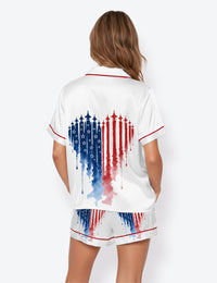 Women’s American Flag Heart USA Freedom 4th Of July 250th Anniversary Short Sleeve Satin Pajama Set