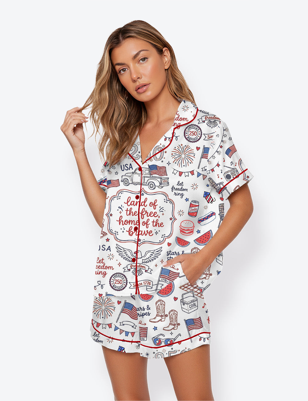 Women’s Red White Blue USA Freedom 4th Of July 250th Anniversary Short Sleeve Satin Pajama Set