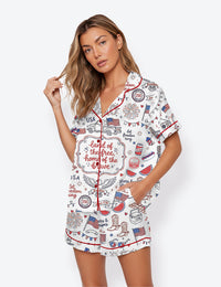 Women’s Red White Blue USA Freedom 4th Of July 250th Anniversary Short Sleeve Satin Pajama Set