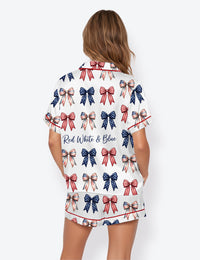 Women’s Red White And Blue America 250 Years Patriotic Coquette Bows Independence Day Short Sleeve Satin Pajama Set