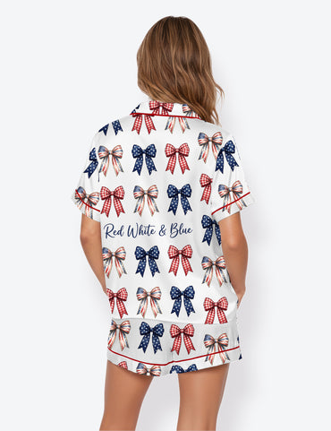 Women’s Red White And Blue America 250 Years Patriotic Coquette Bows Independence Day Short Sleeve Satin Pajama Set