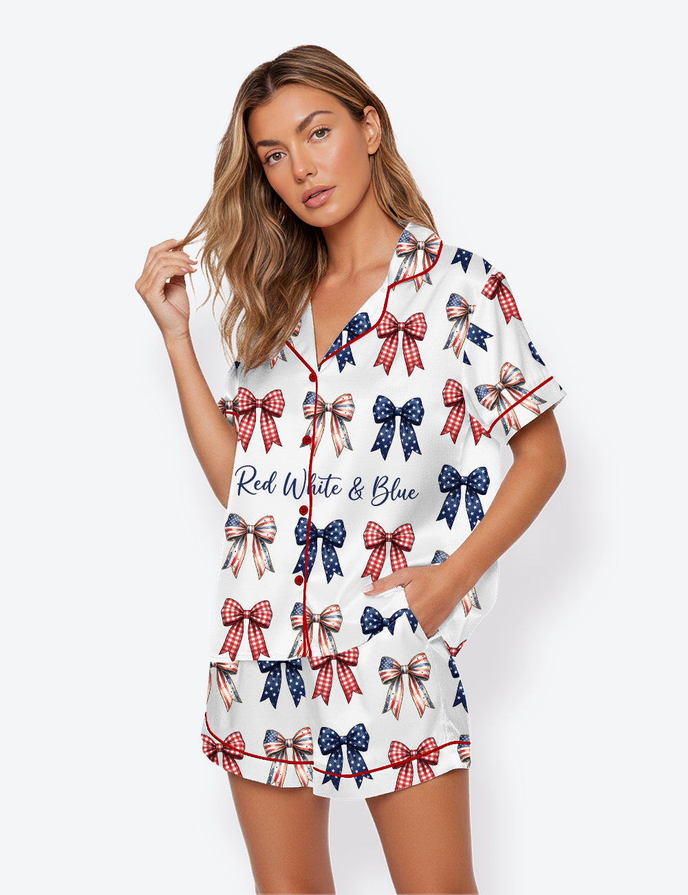 Women’s Red White And Blue America 250 Years Patriotic Coquette Bows Independence Day Short Sleeve Satin Pajama Set