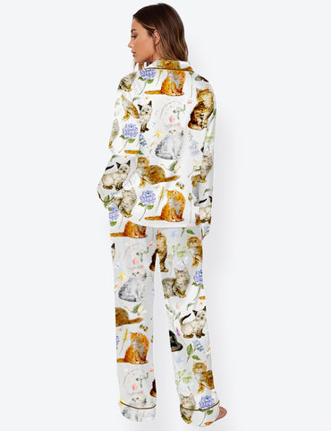 Women’s Floral Vintage Kittens And Pressed Flower Aesthetic Cat Long Sleeve Satin Pajama Set
