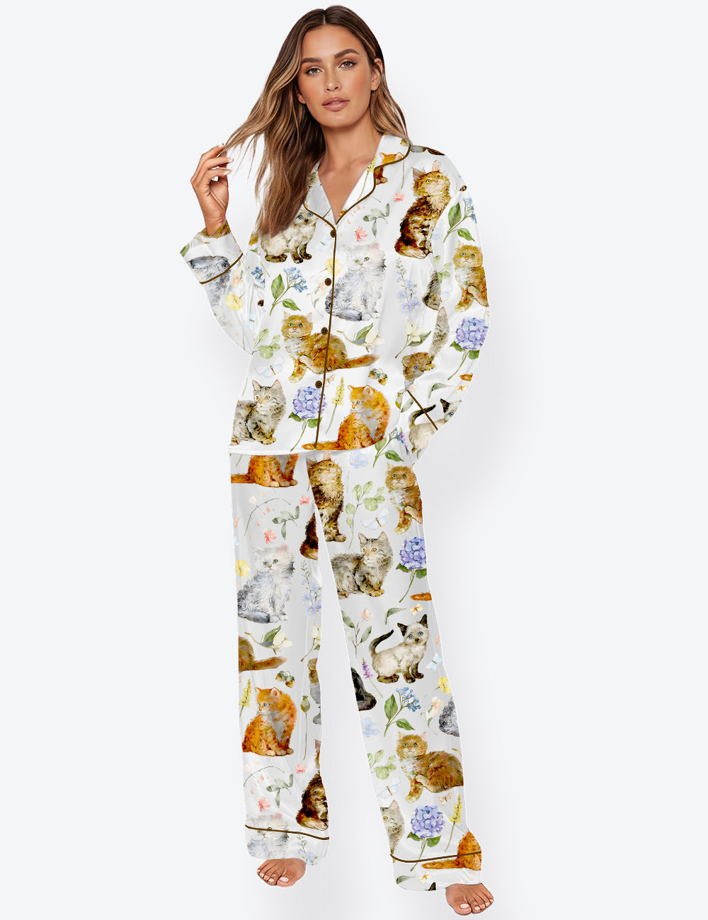 Women’s Floral Vintage Kittens And Pressed Flower Aesthetic Cat Long Sleeve Satin Pajama Set