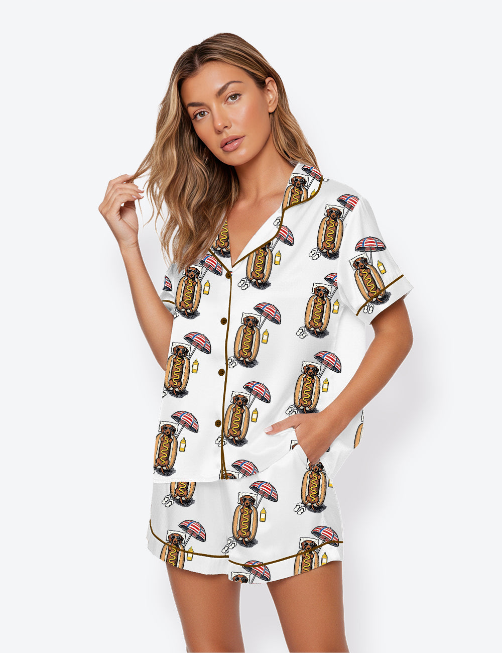 Women’s Hot Dog Dachshund Summer Vacation Wiener Dog Short Sleeve Satin Pajama Set