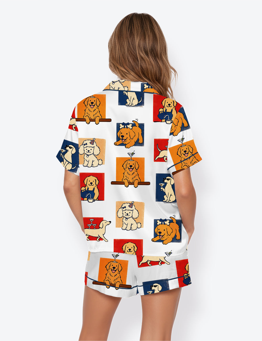 Women’s Wedding Martini Cocktail Golden Retriever Teddy Dog Short Sleeve Satin Pajama Set