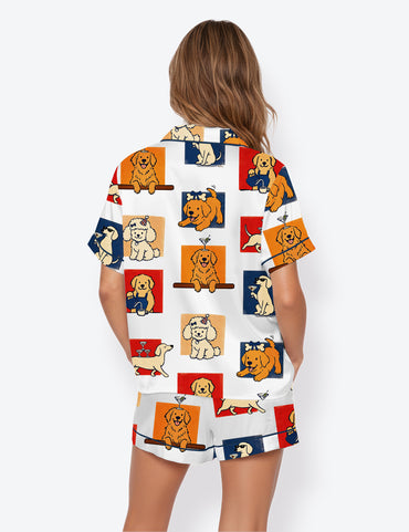 Women’s Wedding Martini Cocktail Golden Retriever Teddy Dog Short Sleeve Satin Pajama Set
