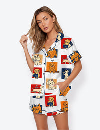 Women’s Wedding Martini Cocktail Golden Retriever Teddy Dog Short Sleeve Satin Pajama Set