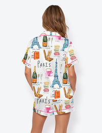 Women’s Paris Eiffel Tower Champagne Macaron Croissant Short Sleeve Satin Pajama Set