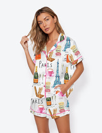 Women’s Paris Eiffel Tower Champagne Macaron Croissant Short Sleeve Satin Pajama Set
