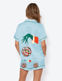 Women’s Grinchmas Disco Christmas Holiday Short Sleeve Satin Pajama Set
