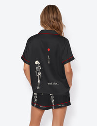 Women’s Skeleton Lost Balloon Dark Humor Halloween Short Sleeve Satin Pajama Set