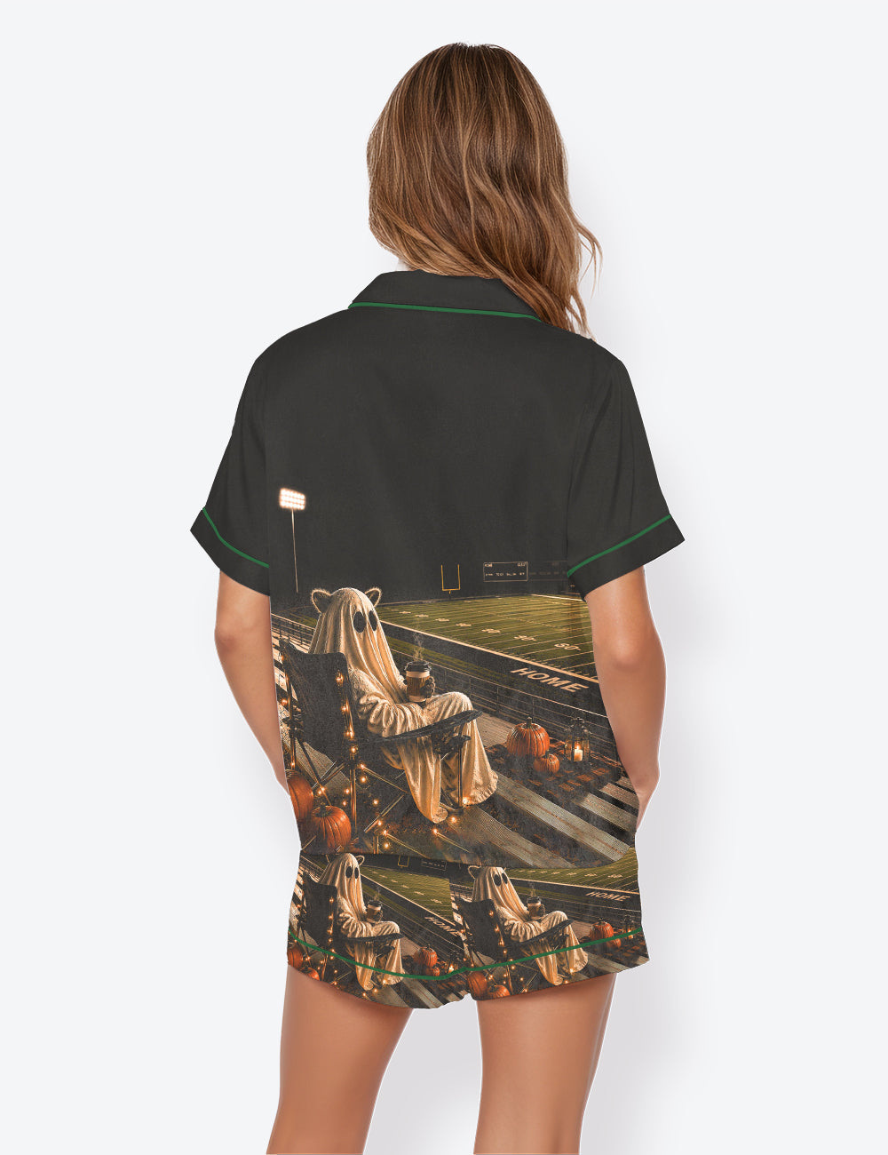 Women’s Fall Halloween Ghost Raccoon Spooky Coffee Football Field Gothic Pumpkin Short Sleeve Satin Pajama Set