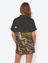 Women’s Fall Halloween Ghost Raccoon Spooky Coffee Football Field Gothic Pumpkin Short Sleeve Satin Pajama Set