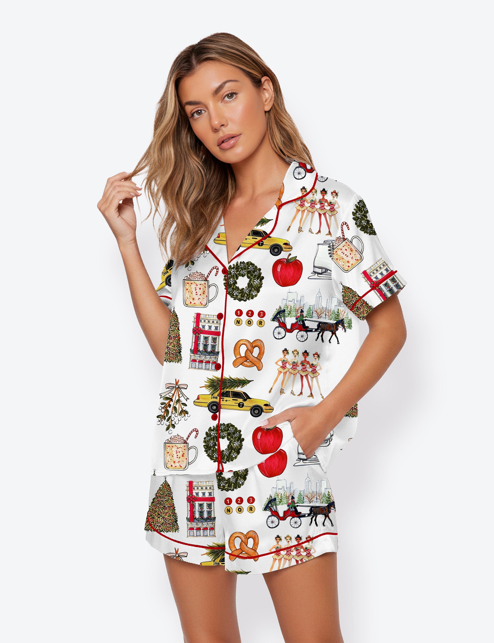 Women's Christmas In New York Short Sleeve Satin Pajama Set