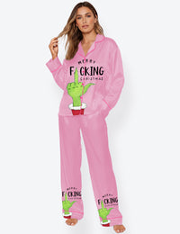 Women's Merry Grinch Pink Christmas Long Sleeve Satin Pajama Set