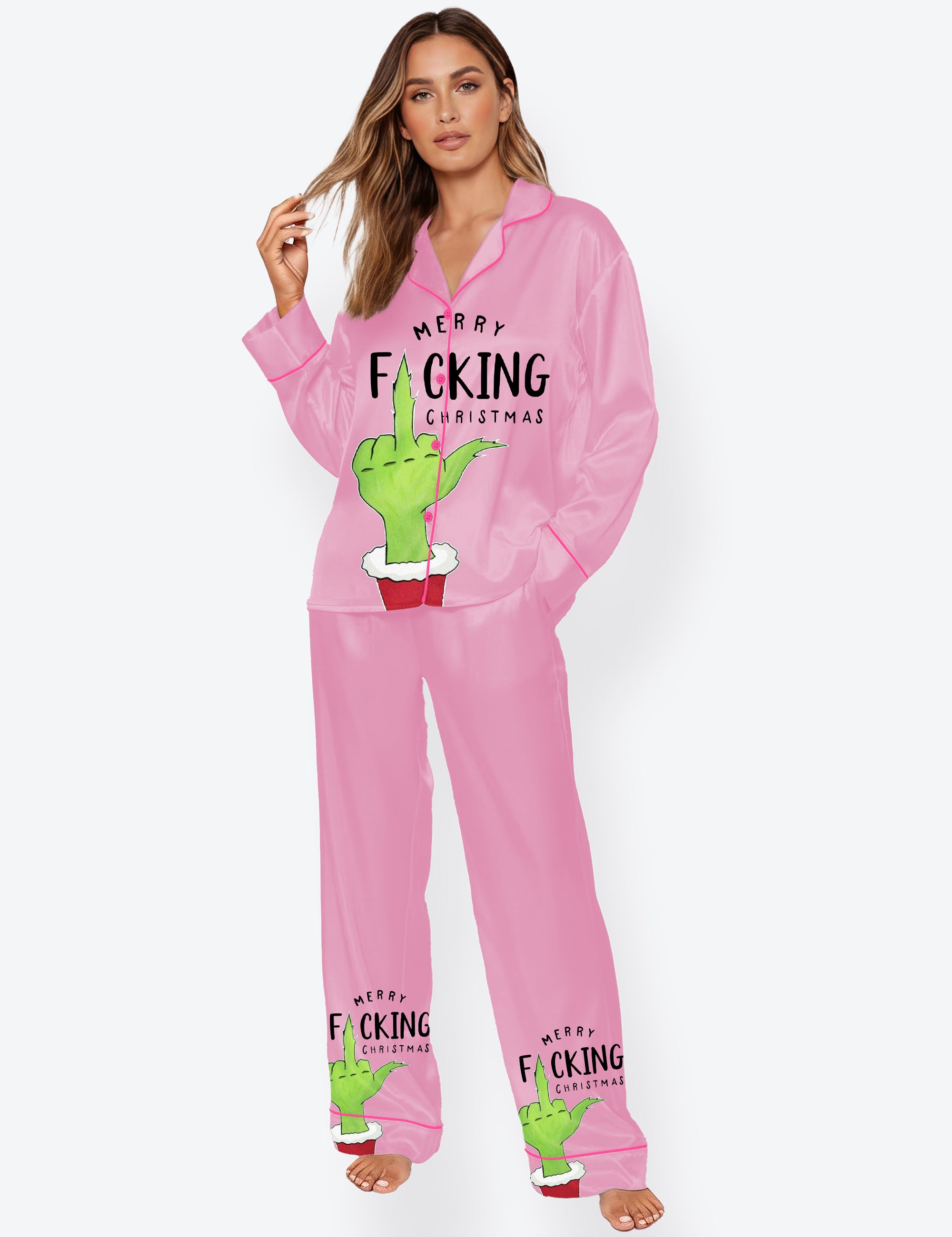 Women's Merry Grinch Pink Christmas Long Sleeve Satin Pajama Set