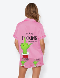 Women's Merry Grinch Pink Christmas Short Sleeve Satin Pajama Set