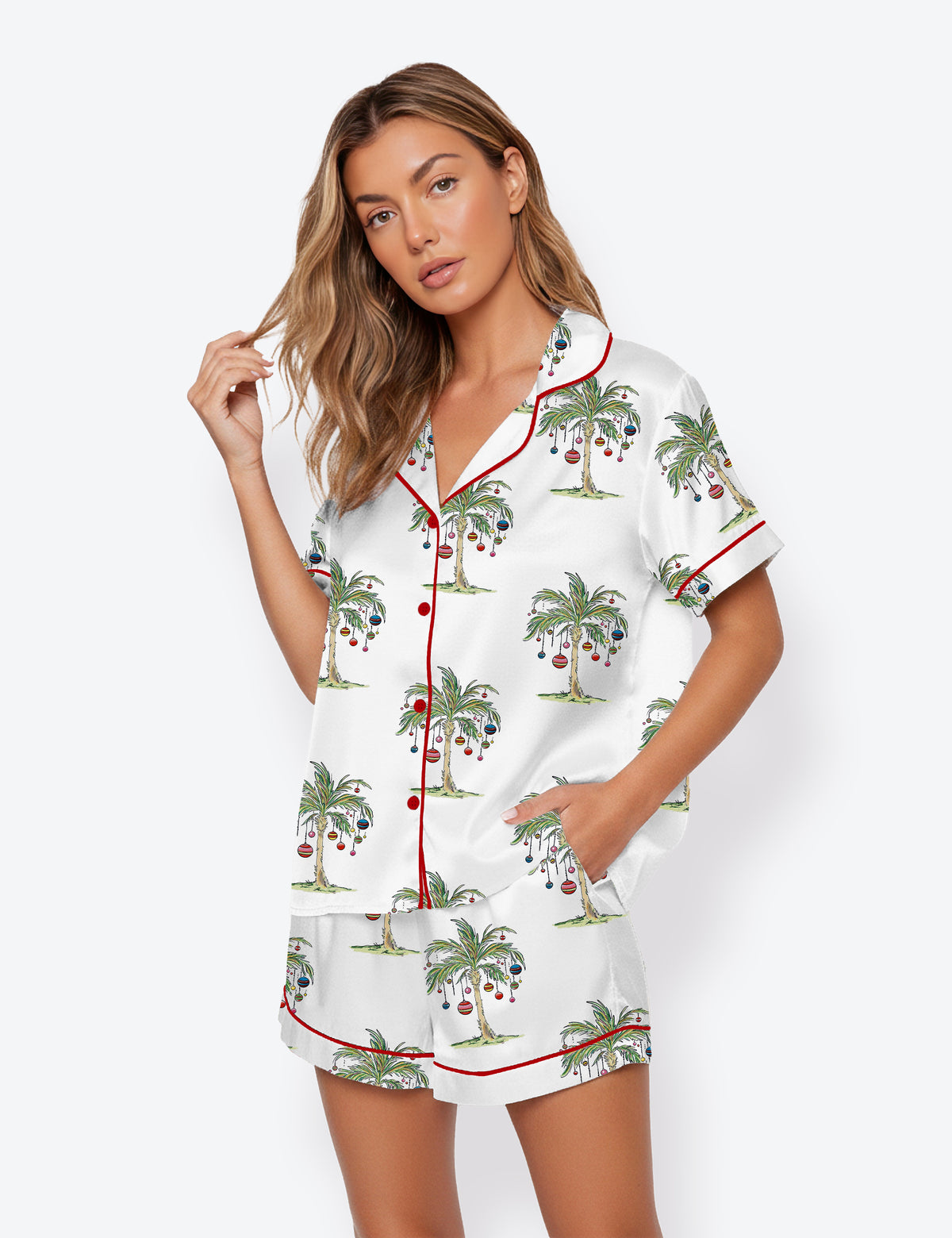 Women's Tropical Christmas Aloha Holiday Beach Santa In July Hawaiian Short Sleeve Satin Pajama Set