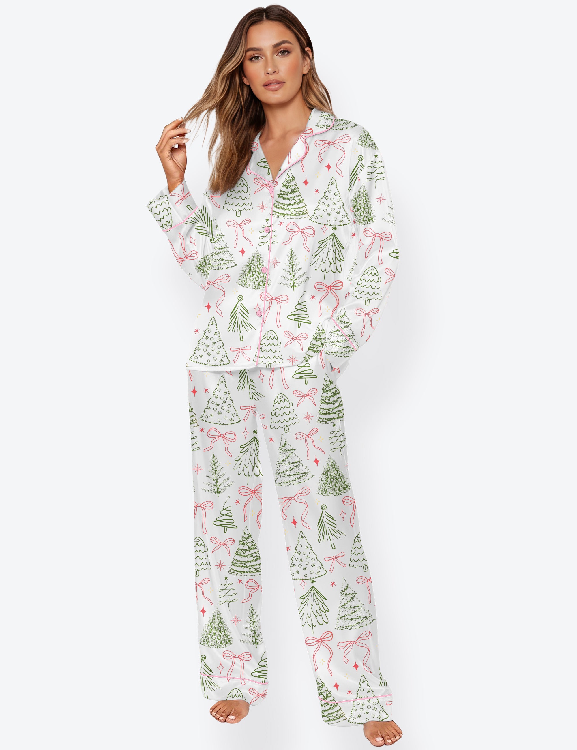Women's Preppy Christmas Tree Vintage Coquette Bow Long Sleeve Satin Pajama Set