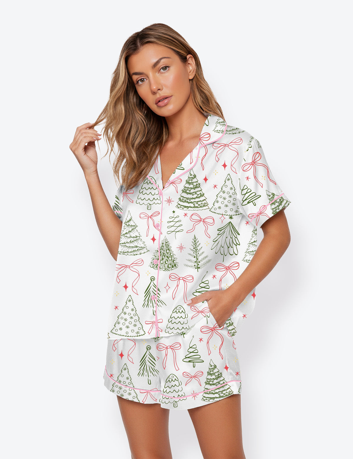 Women's Preppy Christmas Tree Vintage Coquette Bow Short Sleeve Satin Pajama Set