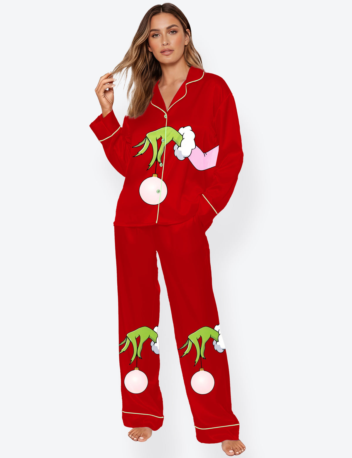 Women's Pink Christmas Grinch Long Sleeve Satin Pajama Set
