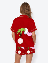 Women's Pink Christmas Grinch Short Sleeve Satin Pajama Set