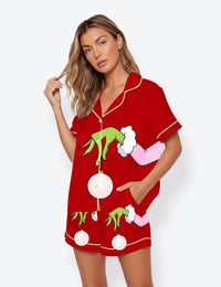Women's Pink Christmas Grinch Short Sleeve Satin Pajama Set