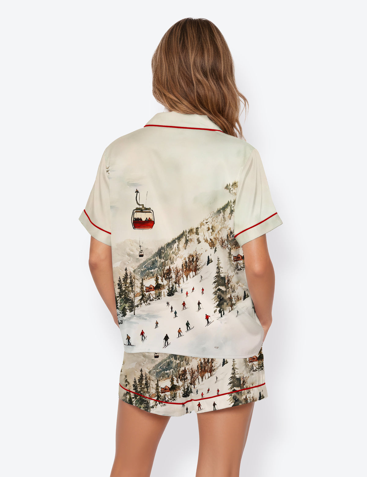 Women's Vintage Ski Lift Winter Ski Slopes Christmas Short Sleeve Satin Pajama Set
