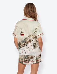 Women's Vintage Ski Lift Winter Ski Slopes Christmas Short Sleeve Satin Pajama Set