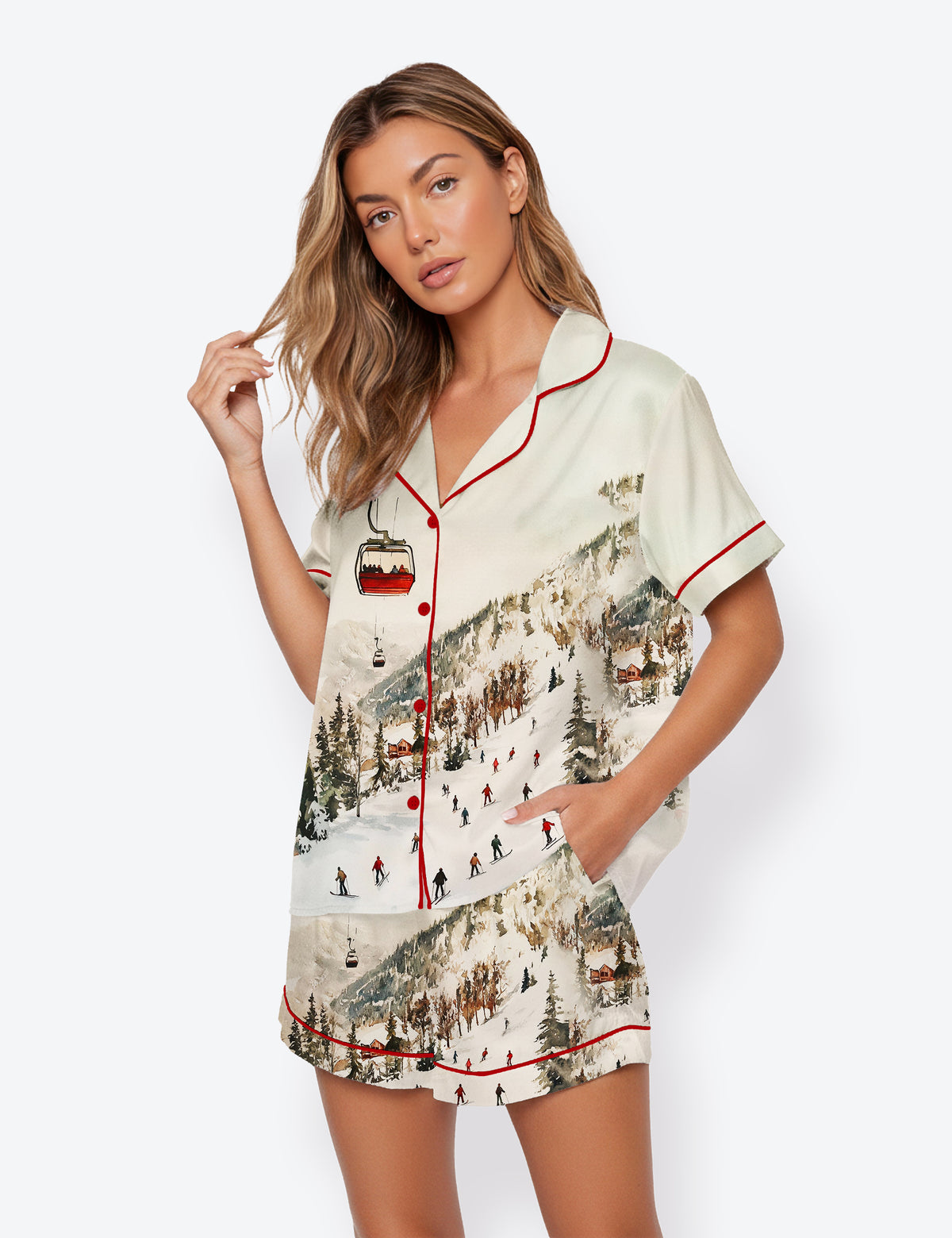 Women's Vintage Ski Lift Winter Ski Slopes Christmas Short Sleeve Satin Pajama Set