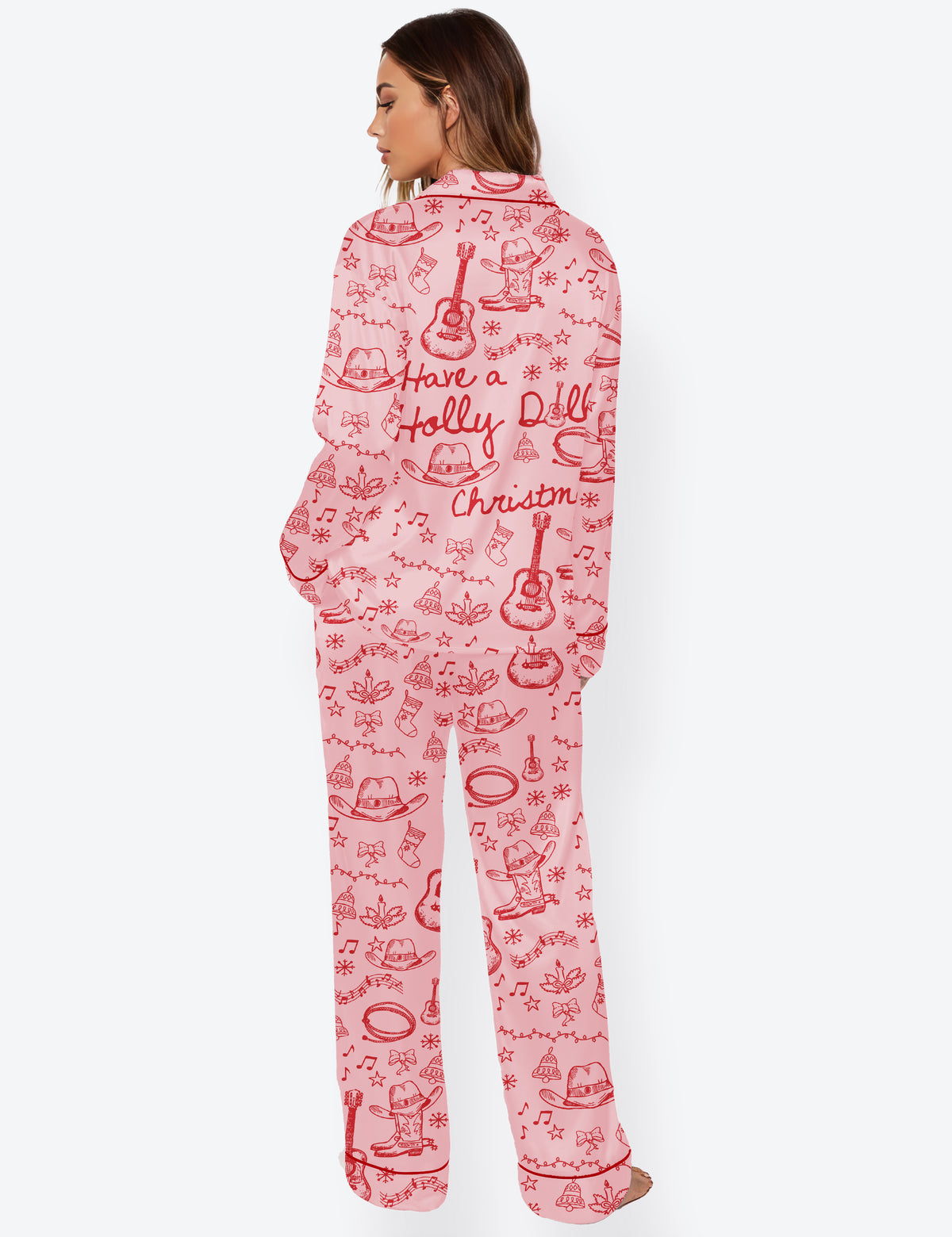 Women's Have A Holly Dolly Christmas Retro Country Music Holiday Long Sleeve Satin Pajama Set