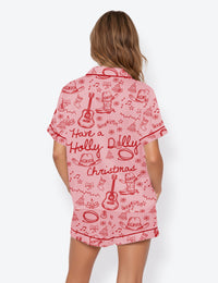 Women's Have A Holly Dolly Christmas Retro Country Music Holiday Short Sleeve Satin Pajama Set