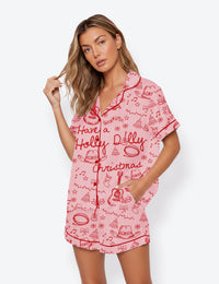 Women's Have A Holly Dolly Christmas Retro Country Music Holiday Short Sleeve Satin Pajama Set